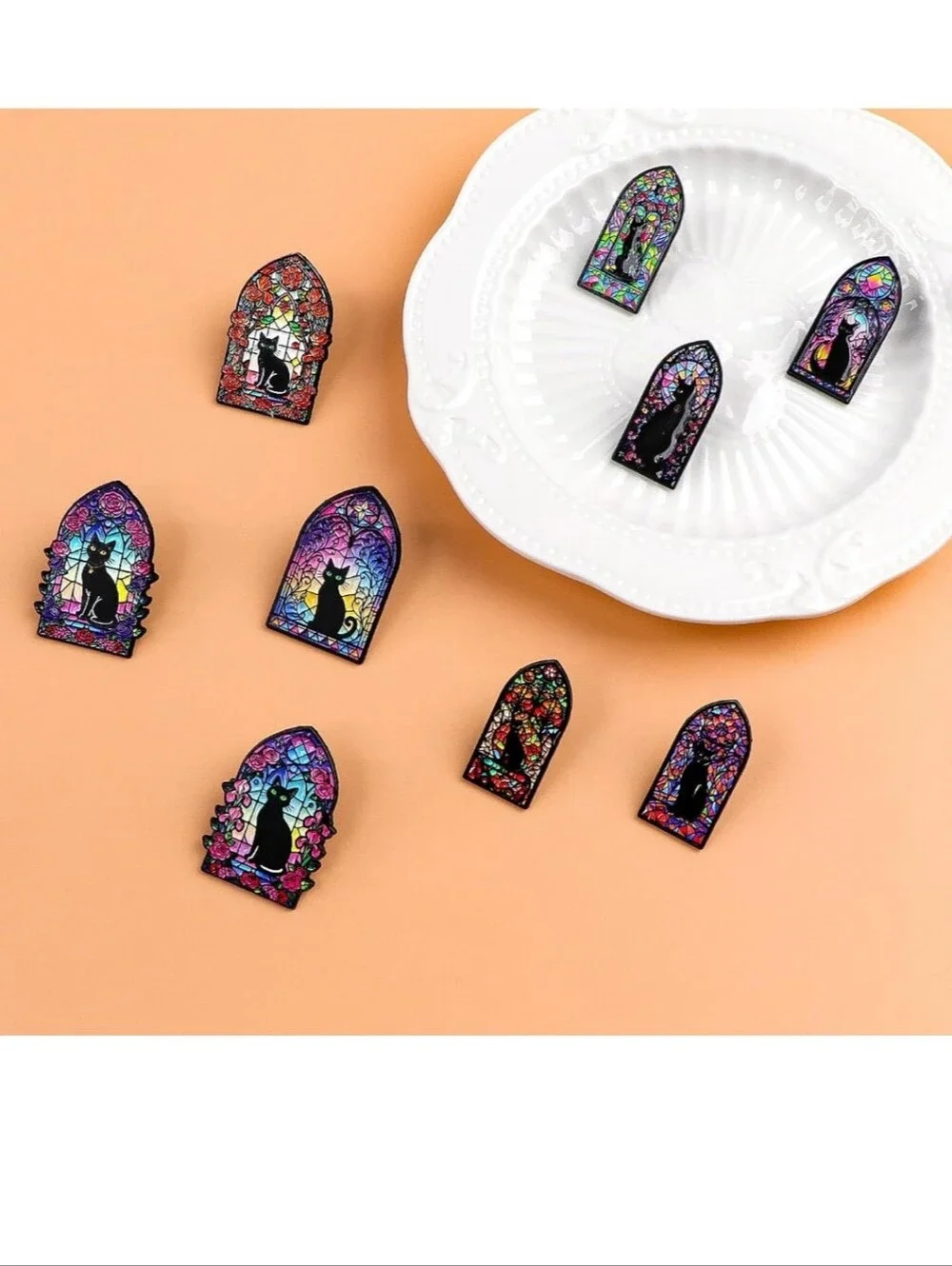 Black Cat Stained Glass Window 9 Pc Enamel Pin Set - Multicolor